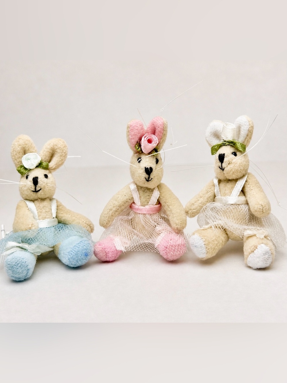 Vintage Plush Bunny Ballerina Ornaments Set 3 Cottagecore Decor